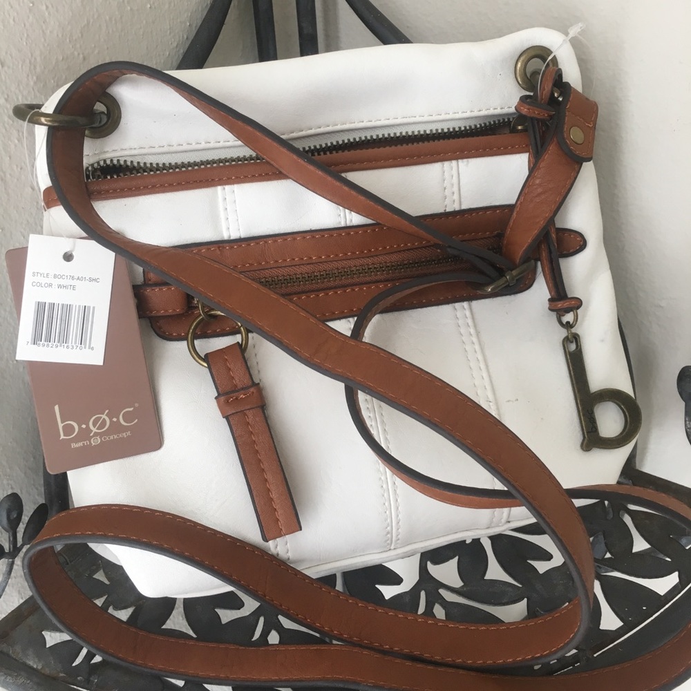 White and brown leather cross body messenger bag